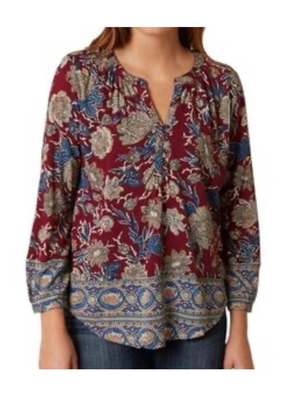THE LUCKY BRAND Maroon + Brown Floral Print Boho Hi-Low Hem Knit Top Size Large